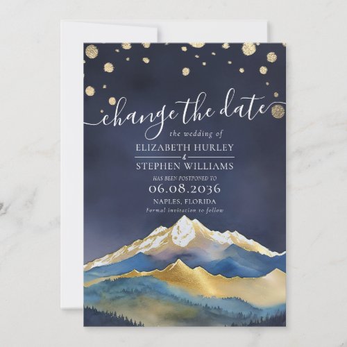 Watercolor Blue Gold Foil Mountain Outdoor Wedding Save The Date