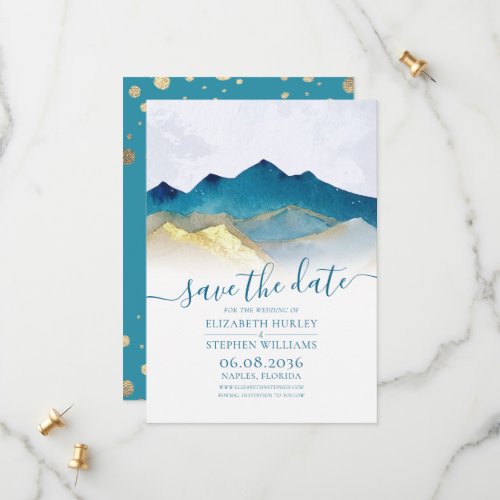 Watercolor Blue Gold Foil Mountain Outdoor Wedding Save The Date