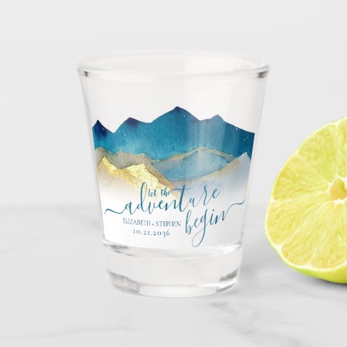 Watercolor Blue Gold Foil Mountain Outdoor Wedding Shot Glass