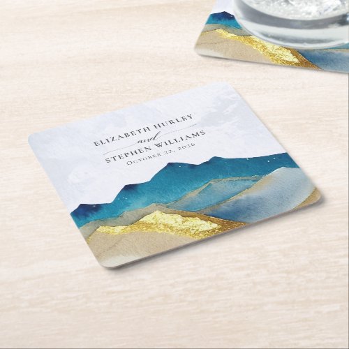 Watercolor Blue Gold Foil Mountain Outdoor Wedding Square Paper Coaster