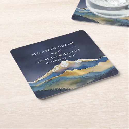 Watercolor Blue Gold Foil Mountain Outdoor Wedding Square Paper Coaster