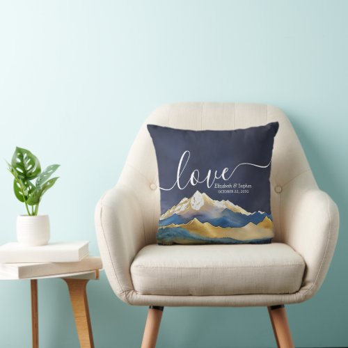 Watercolor Blue Gold Foil Mountain Outdoor Wedding Throw Pillow