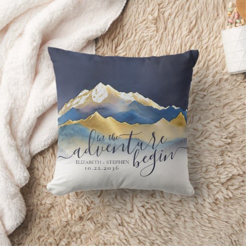 Watercolor Blue Gold Foil Mountain Outdoor Wedding Throw Pillow