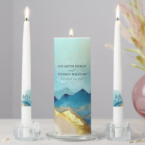 Watercolor Blue Gold Foil Mountain Outdoor Wedding Unity Candle Set