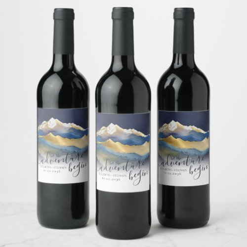 Watercolor Blue Gold Foil Mountain Outdoor Wedding Wine Label