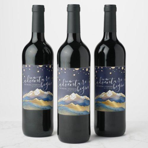 Watercolor Blue Gold Foil Mountain Outdoor Wedding Wine Label