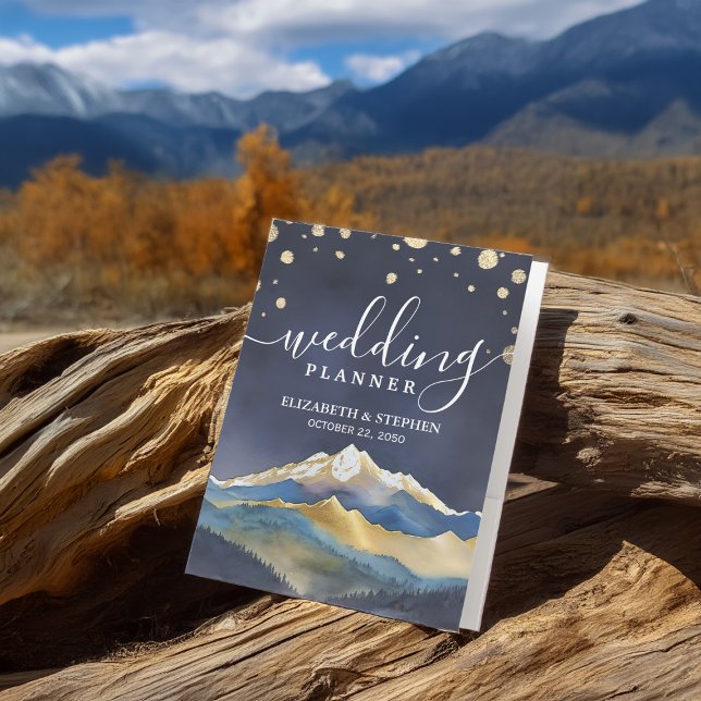 Watercolor Blue Gold Foil Mountain Wedding Planner Pocket Folder (Creator Uploaded)