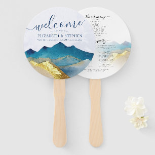 Watercolor Blue Gold Foil Mountain Wedding Program Hand Fan