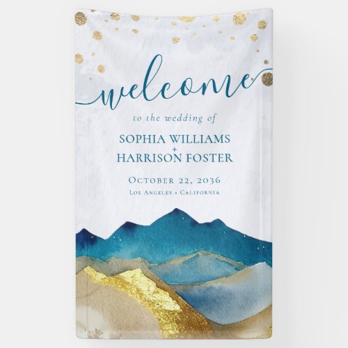 Watercolor Blue Gold Foil Mountain Wedding Welcome Banner