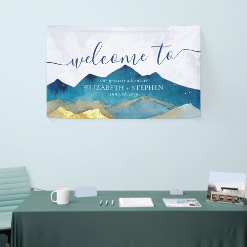 Watercolor Blue Gold Foil Mountain Wedding Welcome Banner