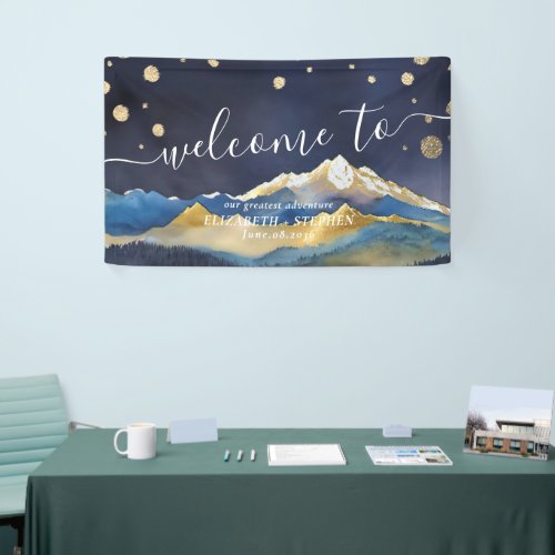 Watercolor Blue Gold Foil Mountain Wedding Welcome Banner