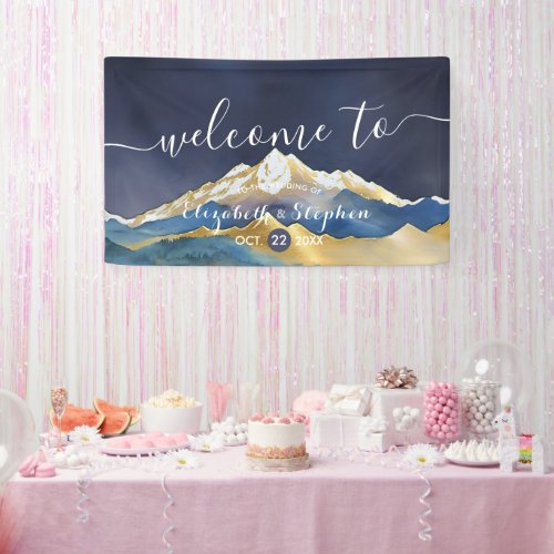 Watercolor Blue Gold Foil Mountain Wedding Welcome Banner