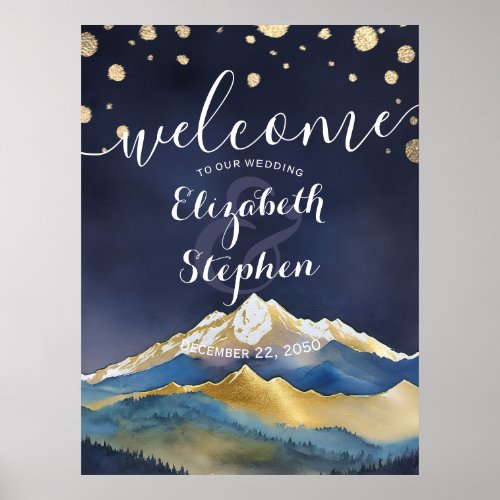 Watercolor Blue Gold Foil Mountain Wedding Welcome Poster