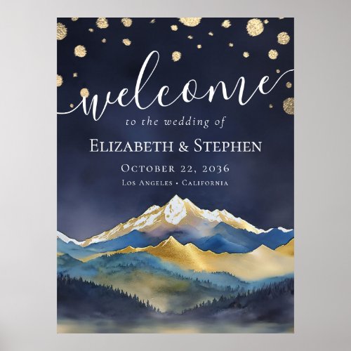 Watercolor Blue Gold Foil Mountain Wedding Welcome Poster