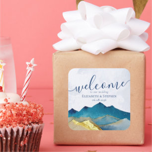 Watercolor Blue Gold Foil Mountain Wedding Welcome Square Sticker