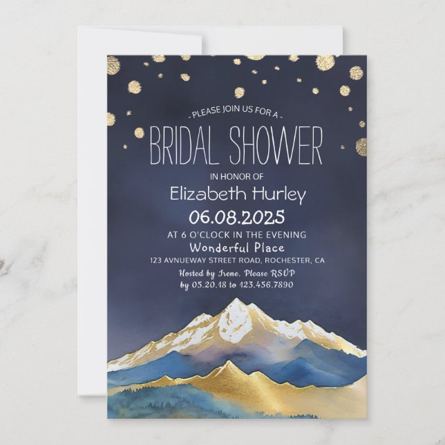 Watercolor Blue Gold Foil Mountains Bridal Shower  Invitation (Front)
