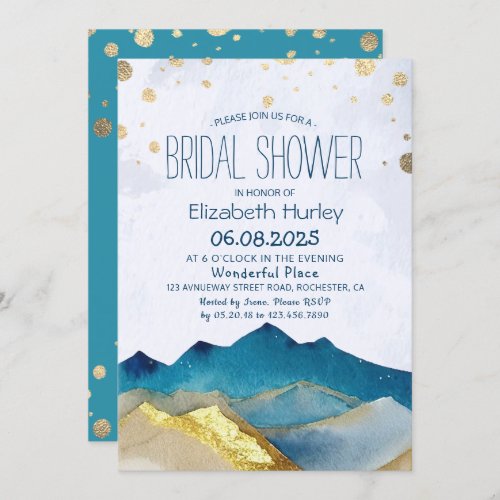 Watercolor Blue Gold Foil Mountains Bridal Shower  Invitation