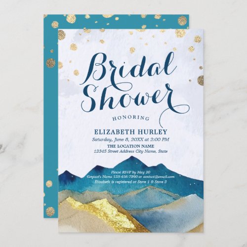 Watercolor Blue Gold Foil Mountains Bridal Shower  Invitation