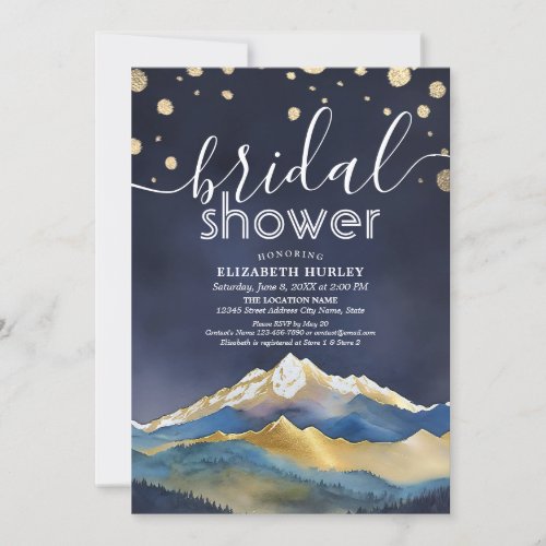 Watercolor Blue Gold Foil Mountains Bridal Shower Invitation