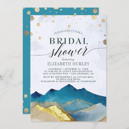 Watercolor Blue Gold Foil Mountains Bridal Shower  Invitation