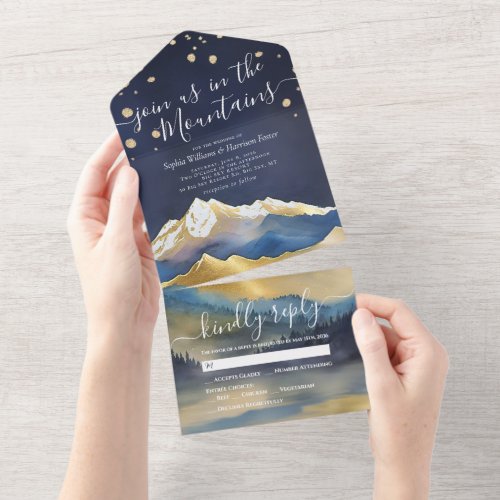Watercolor Blue Gold Foil Mountains Wedding RSVP All In One Invitation