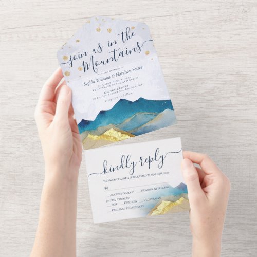 Watercolor Blue Gold Foil Mountains Wedding RSVP All In One Invitation
