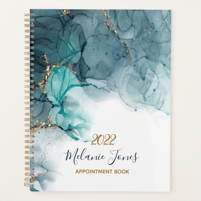 Watercolor blue gold glitter appointment book planner (Front)