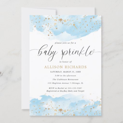 Watercolor blue gold glitter boy baby sprinkle invitation | Zazzle