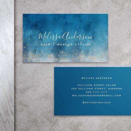 Watercolor Blue Gold Glitter Calligraphy  Business Card