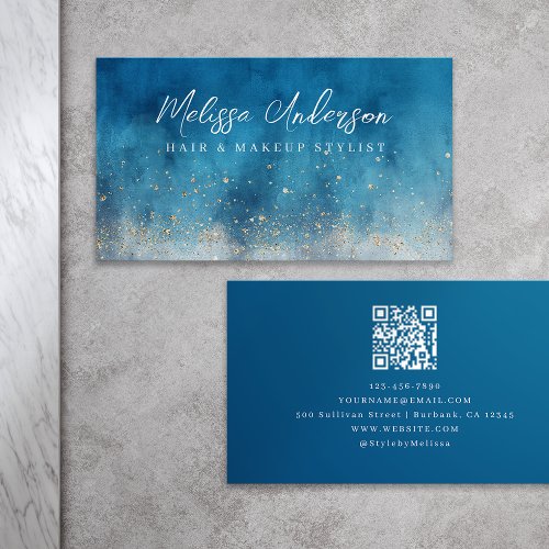 Watercolor Blue Gold Glitter Calligraphy QR Code Business Card