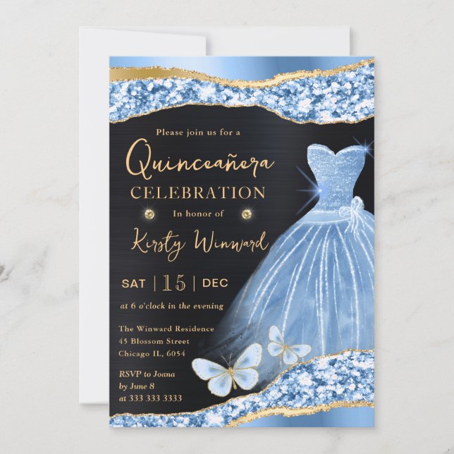 Watercolor Blue & Gold Glitter Dress Quinceanera Invitation (Front)