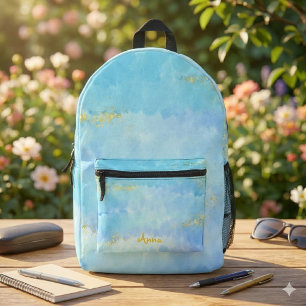 Watercolor blue & gold glitter printed backpack