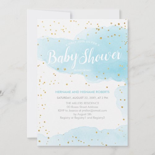 Watercolor Blue Gold Glitter Splash Baby Shower Invitation