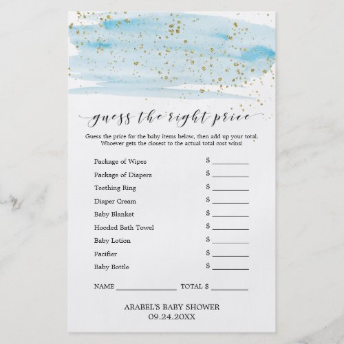 Watercolor Blue  Gold Guess The Right Price Game Flyer