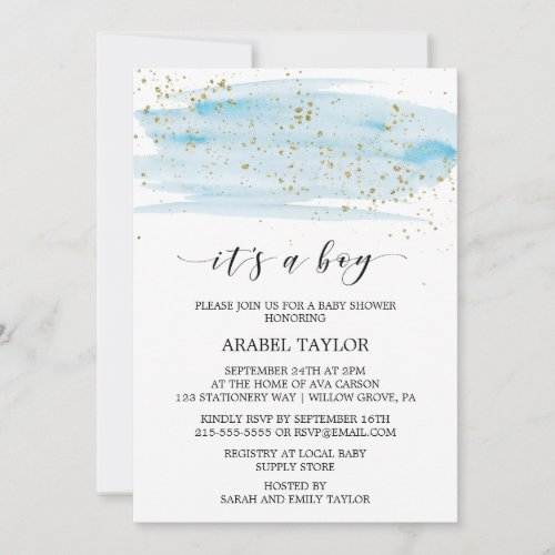 Watercolor Blue  Gold Its A Boy Baby Shower Host Invitation