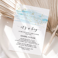 Watercolor Blue & Gold It's A Boy Baby Shower Invitation