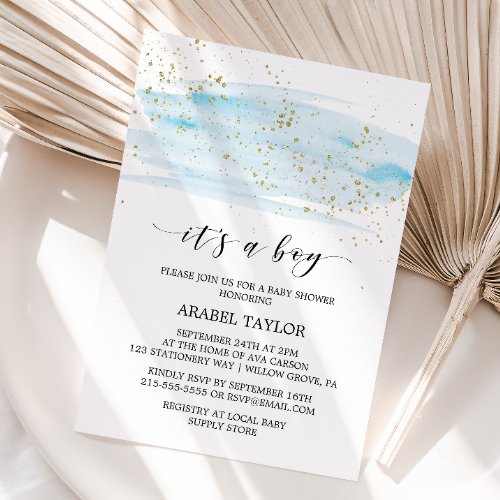 Watercolor Blue  Gold Its A Boy Baby Shower Invitation
