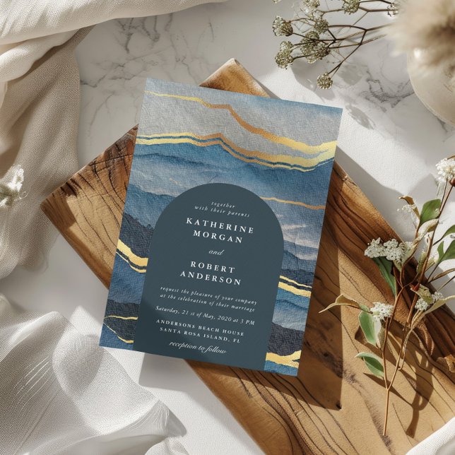 Watercolor Blue Gold Landscape Wedding Invitation (Creator Uploaded)