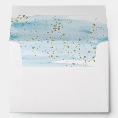 Watercolor Blue  Gold Lined Wedding Invitation Envelope