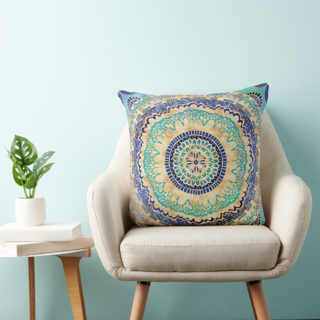Watercolor Blue Gold Mandala  Throw Pillow (Chair)