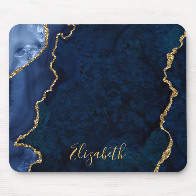 Watercolor Blue Gold Marble Agate Geode Mouse Pad (Front)
