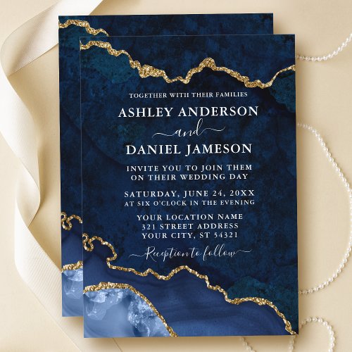 Watercolor Blue Gold Marble Agate Geode Wedding Invitation