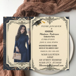 Watercolor Blue Gold Marble Agate Graduation Party Card