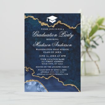 Watercolor Blue Gold Marble Agate Graduation Party Invitation | Zazzle