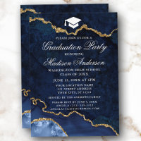 Watercolor Blue Gold Marble Agate Graduation Party