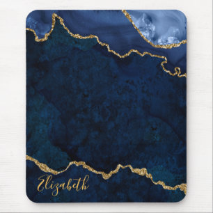 Watercolor Blue Gold Marble Geode Agate Mouse Pad