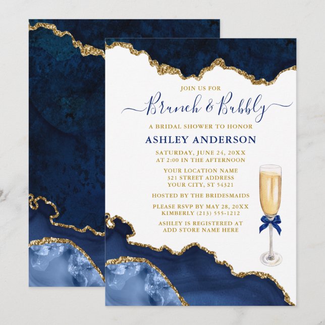 Watercolor Blue Gold Marble Geode Bridal Brunch Invitation (Front/Back)