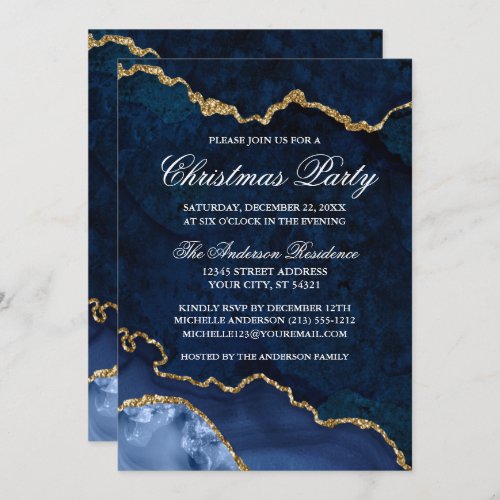 Watercolor Blue Gold Marble Geode Christmas Party Invitation