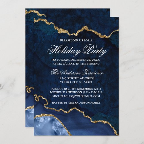 Watercolor Blue Gold Marble Geode Holiday Party Invitation