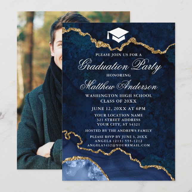 Watercolor Blue Gold Marble Photo Graduation Party Invitation (Front/Back)